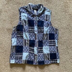 VTG ~ 1990s ~ Sag Harbor ~ Blue Madras Sleeveless Top ~ Patchwork ~ Size XL